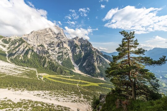 View from the hiking trail to the Rifugio San Marco, mountains Cima Belpr&agrave;, San Vito di Cadore, Belluno, Italy