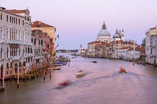 Evening atmosphere, long time exposure, view from the Ponte dell'Accademia to the Grand Canal and the Basilica Santa Maria della Salute, Venice, Veneto, Italy