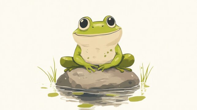 Cute, green frog sits peacefully on a rock in shallow water, with wide, charming eyes