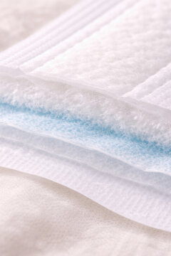 Macro view of a sanitary pad cross section revealing layered absorbent core and materials, highlighting protection, technology, and hygiene design.