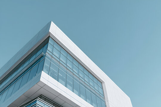 Modern architectural perspective showcasing a building's corner with glass panels against a clear, pale blue sky