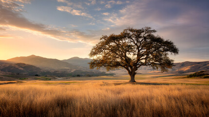 Obraz premium Solitary oak tree standing in golden sunset landscape