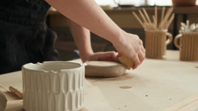 Close up low angle shot of unrecognizable woman wetting sponge and using it on piece of brown clay at workbench