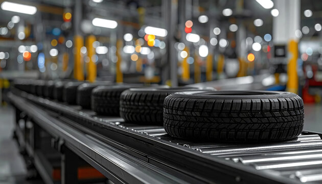 Automotive tires moving on production line in modern manufacturing factory.