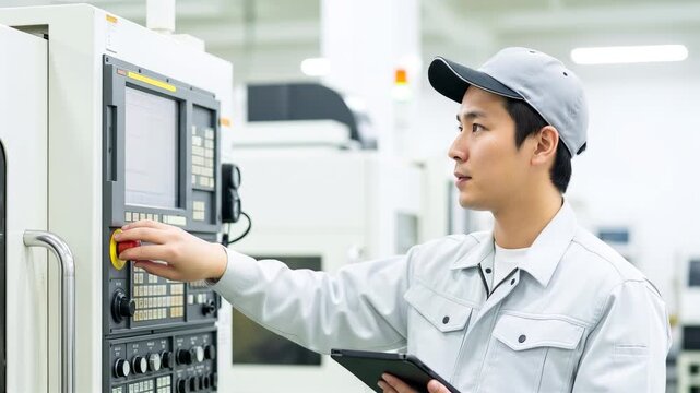 工場の操作盤を確認する作業員 NC制御の製造現場