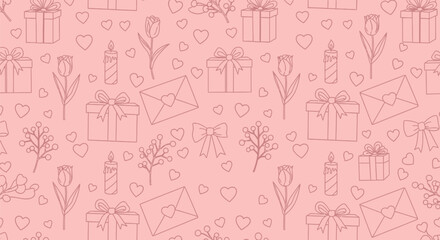 Fototapeta premium Valentine's day seamless pattern with outlined gifts, hearts, flowers, candles, and envelopes on light pink background.
