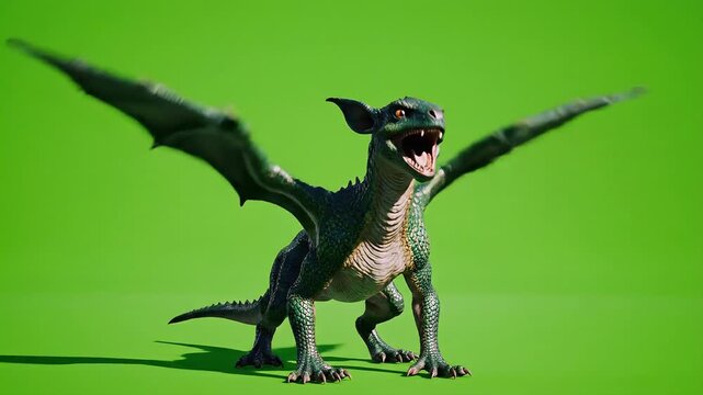 A small reptilian creature with leathery wings flaps them vigorously standing on a bright green background with studio lighting creating subtle shadows