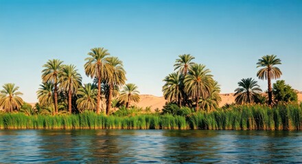 Obraz premium Scenic landscape of a river with palm trees, reeds, and a desert backdrop under a clear sky