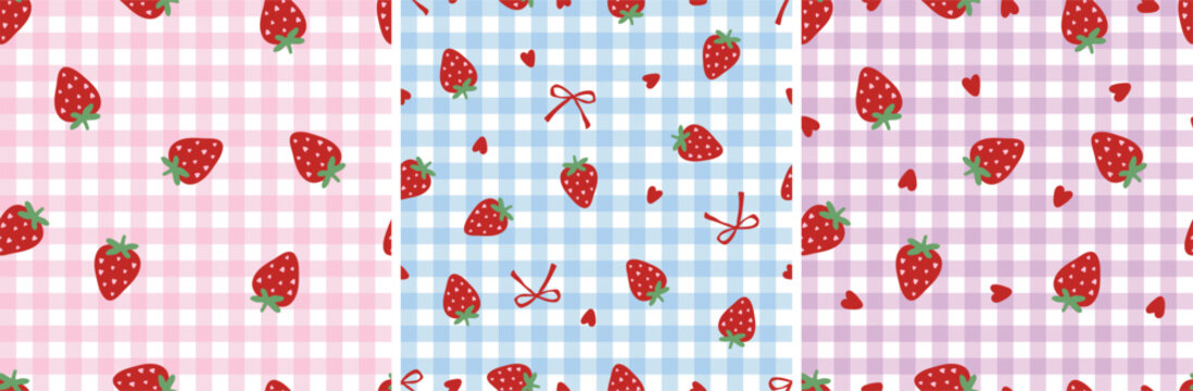 Seamless pastel gingham patterns with strawberries and hearts. Cute seamless pattern set featuring red strawberries, small hearts, and bows on pastel gingham backgrounds in pink, blue, an