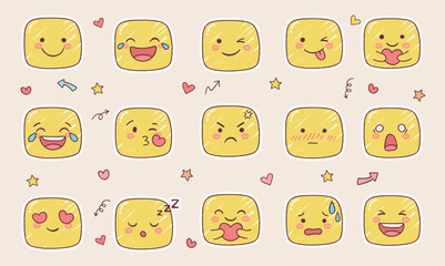 Fototapeta premium A collection of cute kawaii emoji stickers featuring a variety of facial expressions such as happy, sad, love, angry, surprised, sleepy, and playful. Hand-drawn cartoon style with soft pastel colors. 