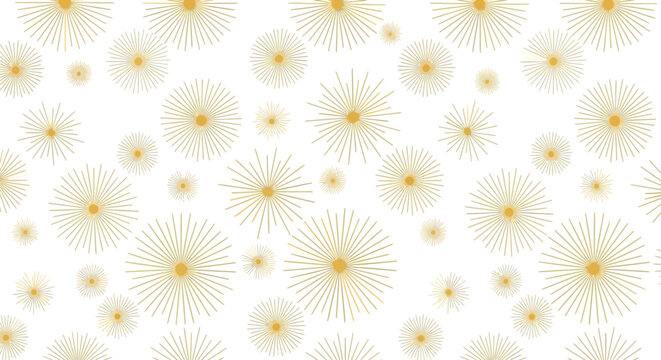 Golden sunburst pattern seamless background with yellow centers and white backdrop elegant abstract rays graphic design simple decoration.