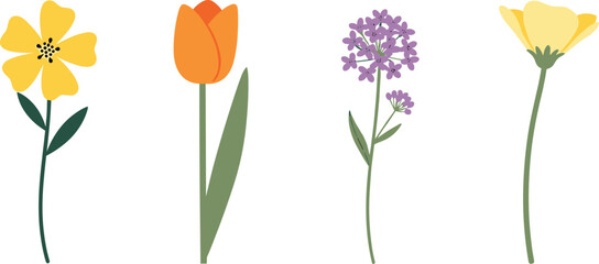 Charming Flat-Style Illustration of Various Flowers: Yellow, Orange, and Purple Blooms with Elegant Stems