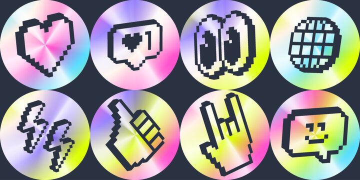 Pixel icon set on holographic gradient circles. Retro 8-bit style symbols with heart, chat, eyes, globe and hand icons. Trendy Y2K digital elements for social media, apps, UI and modern design