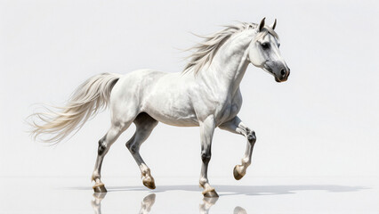 Obraz premium Majestic White Arabian Horse Galloping Gracefully on a White Background with Reflection