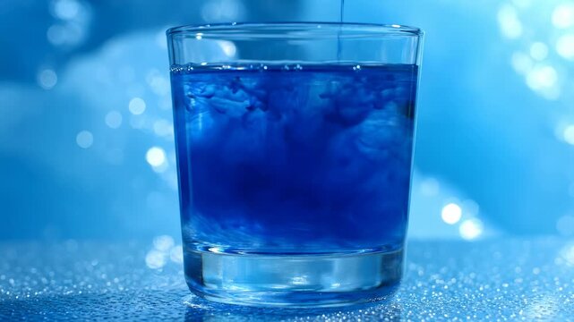 Blue ink slowly dissolving into glass of water on a glittery blue surface with bokeh background