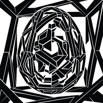 Proficient layout featuring conceptual geometric computerized graphic in stark black and white, intricate fragmented forms.