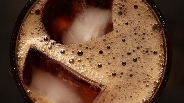 Close-up of pouring cola soda into a glass with ice cubes and bubbling carbonated foam, top view.