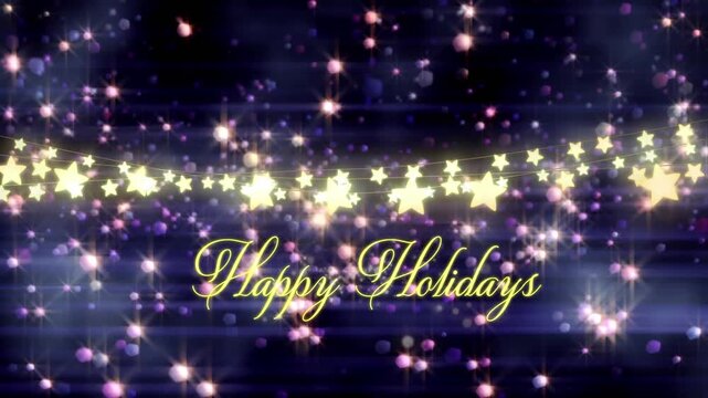 Animation of happy holidays text over stars and light spots on black background