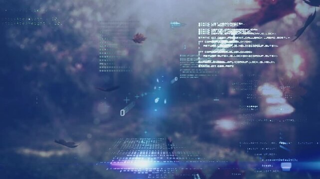 Animation of diverse data processing and fall leaves over blurred autumn landscape