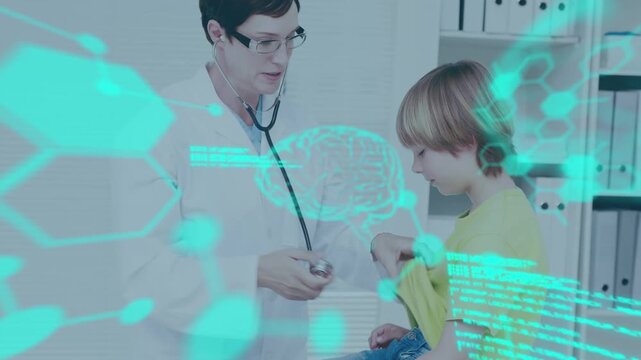 Animation of science data processing over caucasian doctor