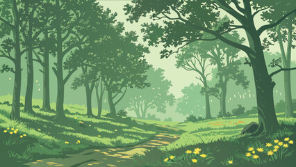 Sunlit forest path with green trees and yellow wildflowers in a flat vector style © SABIHA