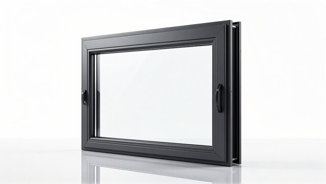 Modern dark gray window frame with clear glass on a white background