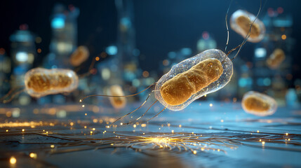 Obraz premium Abstract conceptual visualization of nanomedicine inside a futuristic hospital. Microscopic nanobots travel through a glowing bloodstream, repairing damaged cells and delivering targeted therapies. 