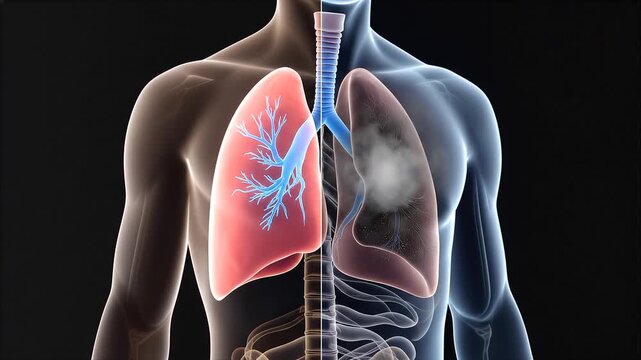 Healthy lungs function well while damaged lungs show effects of smoking in split screen animation