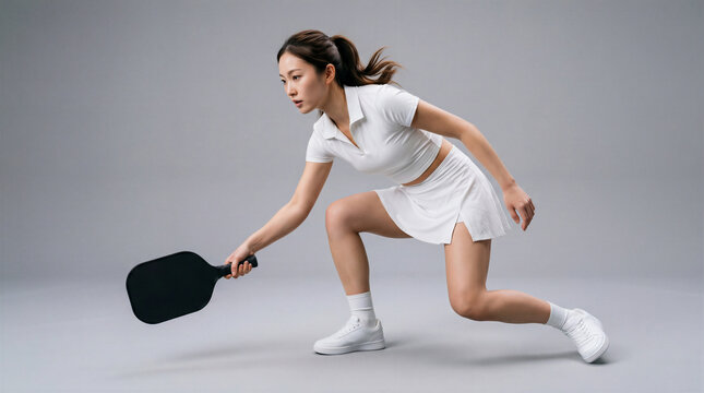 Intense Asian female pickleball player reaching for a low shot with a black paddle in a studio