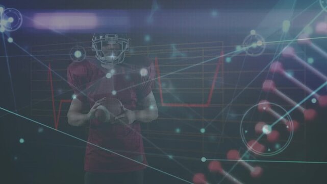 Animation of data processing and dna strand over caucasian rugby player