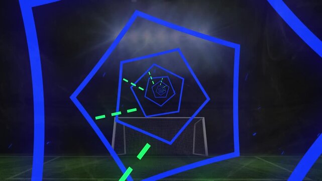 3d animation of blue hexagon patterned neon beams, green lines zooming over illuminated stadium