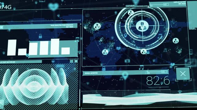 Animation of moving graphs with spiral wave and profile icons interconnecting with lines