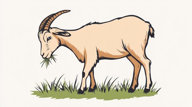A light brown goat grazes on green grass with large, curved horns in a drawing style