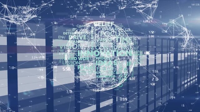 Animation of network of connections and digital ball over construction site