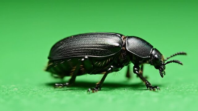 Close up of a shiny black beetle with intricate details crawling on a vibrant green surface with macro lens in studio lighting