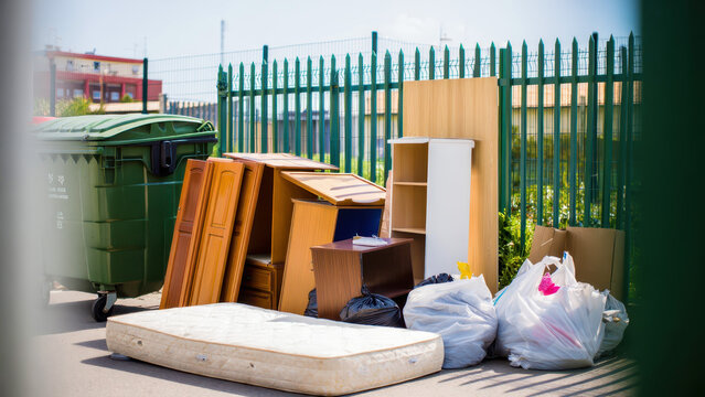 Abandoned household furniture near green dumpster on urban street, bulky waste collection point by metal fence, discarded mattress and cabinets, residential cleanup trash bags