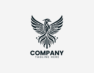 Obraz premium Futuristic phoenix with circuit lines black vector logo illustration isolated on white background