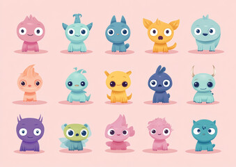 Obraz premium Colorful cartoon monsters in rows.