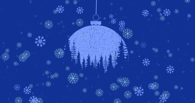 Animation of snowflakes falling over hanging bauble with winter landscape print on blue background