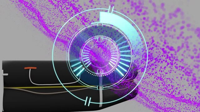 Animation of scope scanning and purple spots over rafting boat on grey background