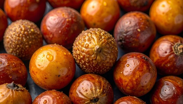 Close-up macro of small, round, organic fruits with various skin textures, displaying gradient colors from light orange to dark red/brown