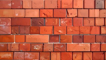 Fototapeta premium Close-up of a brick wall showcasing varying shades of red and orange. Textured surface reveals individual brick details, creating a sturdy, rustic appeal