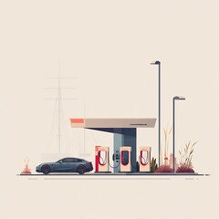Naklejka premium Minimal illustration of an electric vehicle charging station with three chargers and a parked electric car