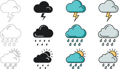 Obraz premium A comprehensive set of weather icons displays various atmospheric conditions, including sun, rain, clouds,.