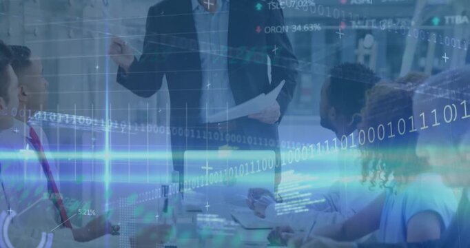 Animation of financial data processing over caucasian businessman giving documents to his colleagues