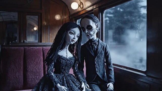 Gothic Puppet Couple Sitting on a Vintage Train