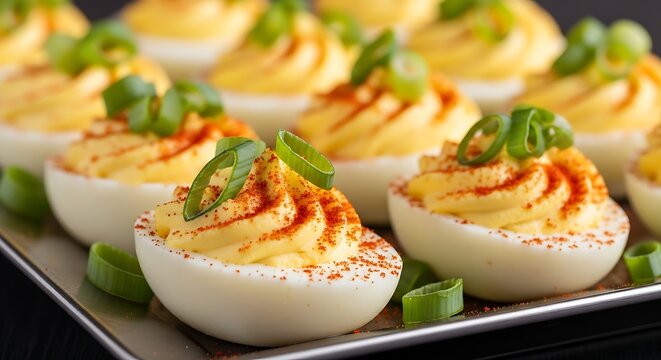Delicious Deviled Eggs Appetizer Garnished with Fresh Green Onions.