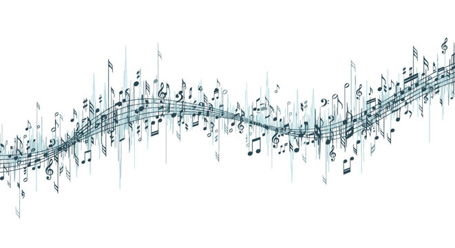 Vector illustration of a woman silhouette standing by a tree against an abstract background featuring blue digital audio equalizer sound waves and nature grass lines