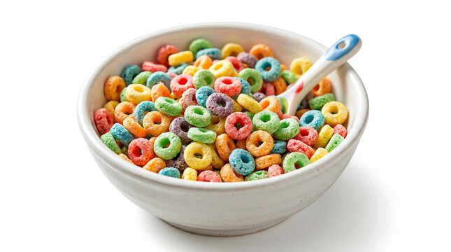 A bowl of colorful froot loops cereal with a spoon