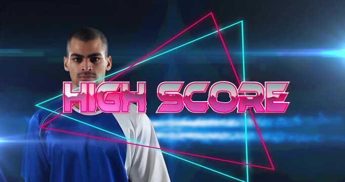 Animation of high score text over neon pattern, caucasian player